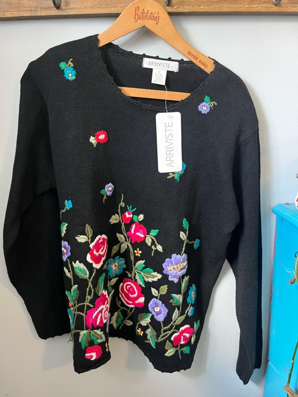 Vintage NOS Embroidered Floral Ramie 90s Sweater Black Cottagecore Arriviste